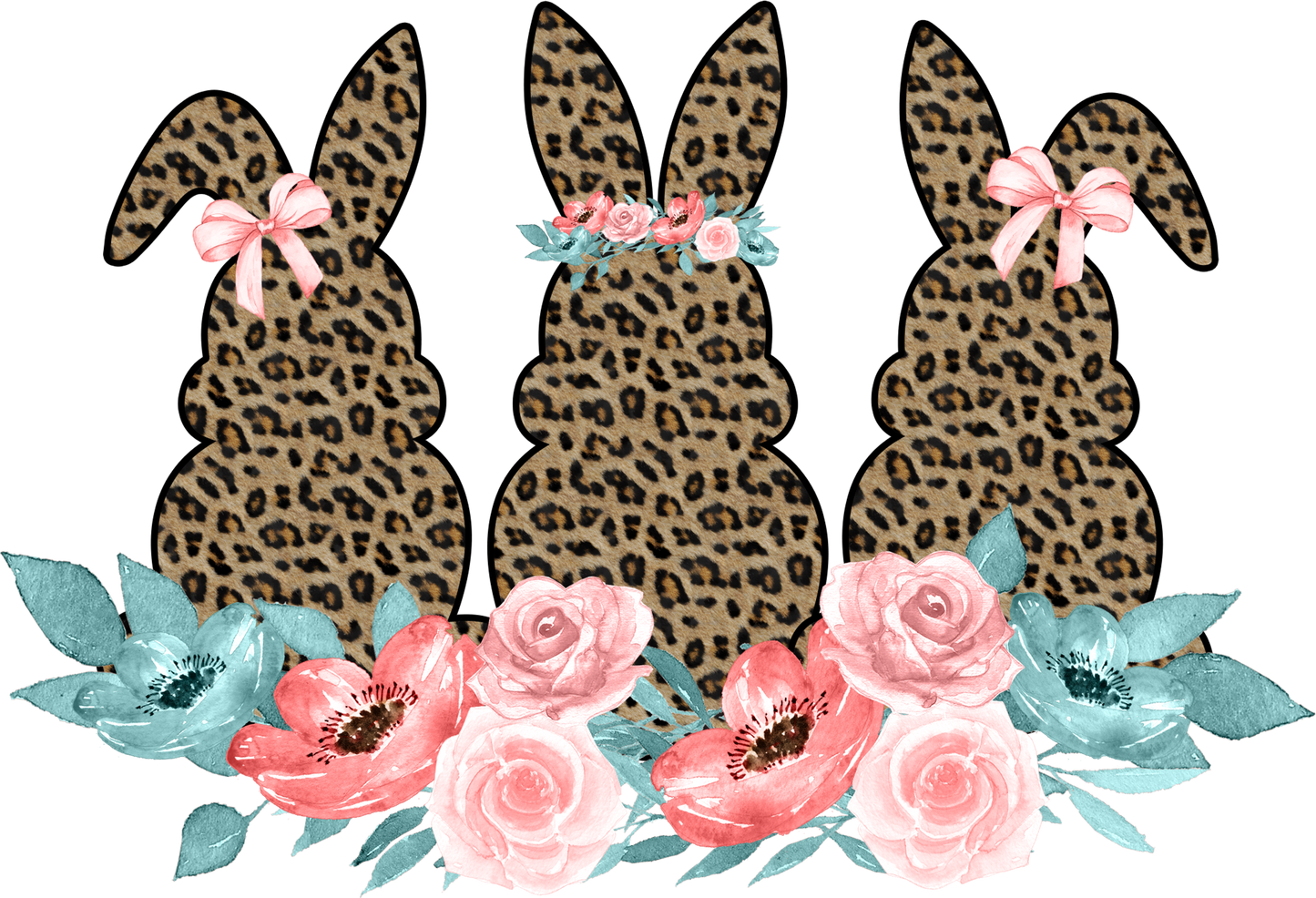 Three cheetah bunnies with blue/pink flowers DTF Heat Transfer