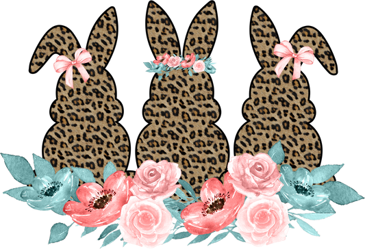 Three cheetah bunnies with blue/pink flowers DTF Heat Transfer