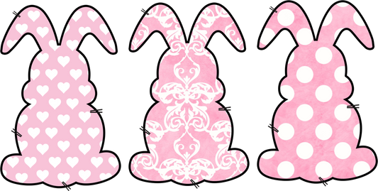 A pink bunny with with hearts, pink bunny with white artistic design and a pink bunny with white polka dots DTF Heat Transfer