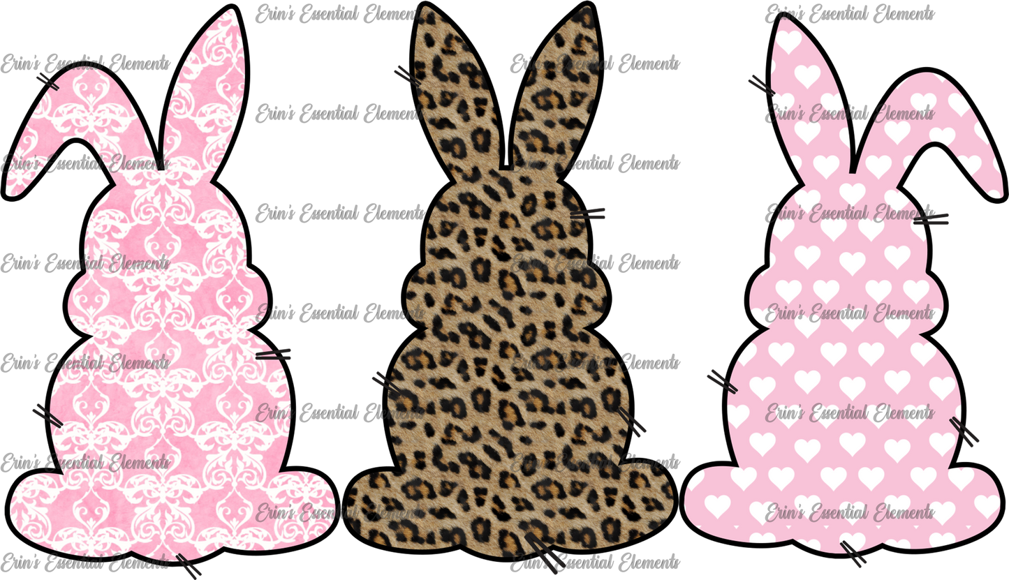 A pink bunny with white artistic design, a cheetah bunny and a pink bunny with with hearts DTF Heat Transfer