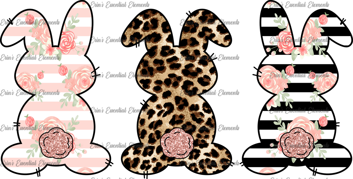 Pink flower bunny with stripes, cheetah bunny and black/white striped bunny with pink flowers DTF Heat Transfer