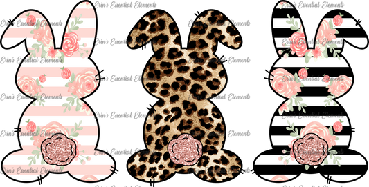 Pink flower bunny with stripes, cheetah bunny and black/white striped bunny with pink flowers DTF Heat Transfer